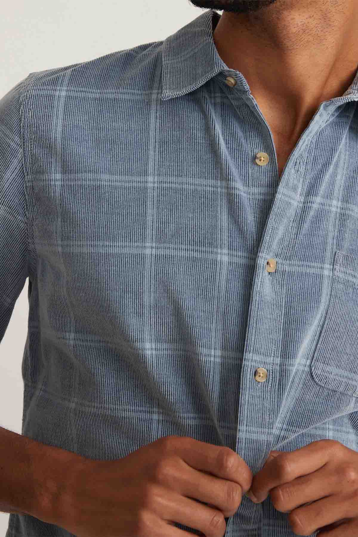 Marine Layer - LW Plaid Cord LS Shirt - Indigo Plaid - Detail