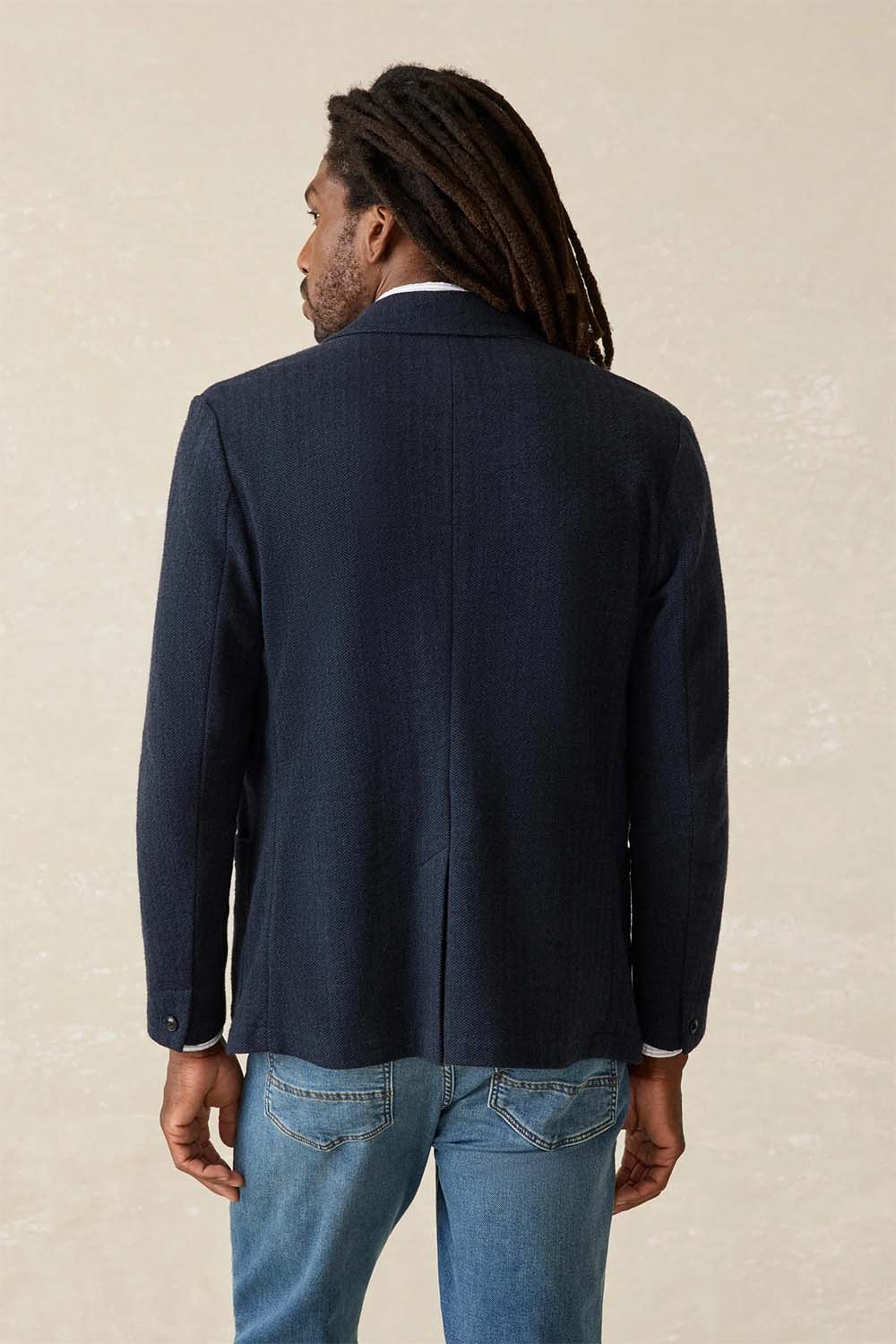 Faherty Inlet Herringbone Blazer in Navy Twilight — Back view