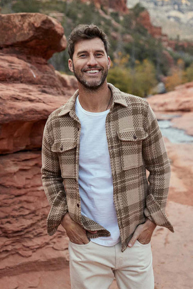 Outerknown - Cloud Weave Shirt - Tawny Wood Sea Mist Plaid - Model