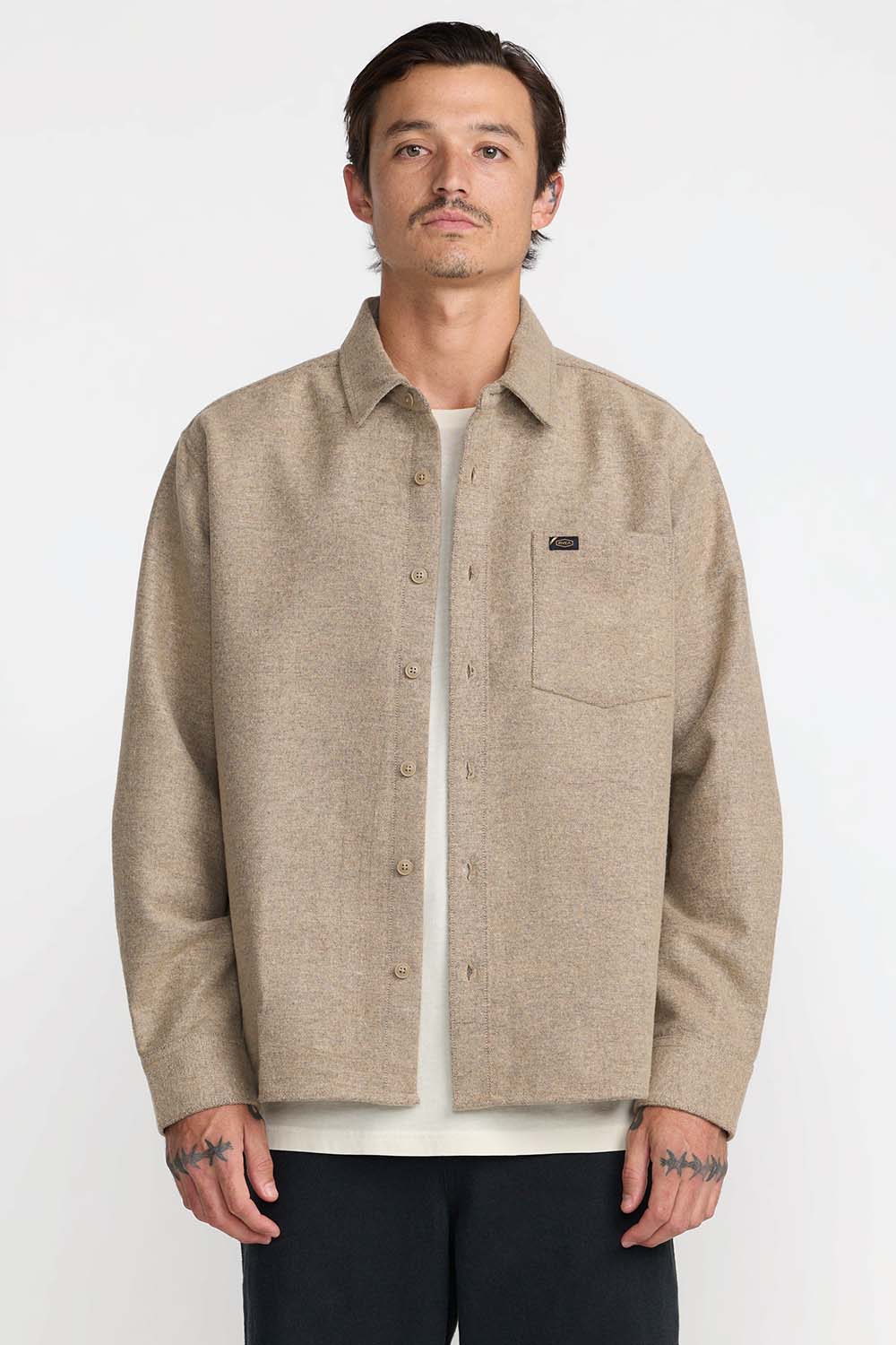 RVCA Dayshift Solid Flannel in Wheat — Front view