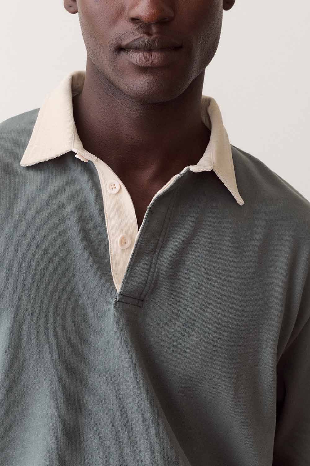 Marine Layer Sueded Rugby Polo in Balsam Green — Detail collar view