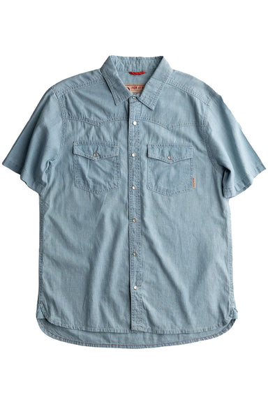 iron and resin badwater shirt blue flatlay