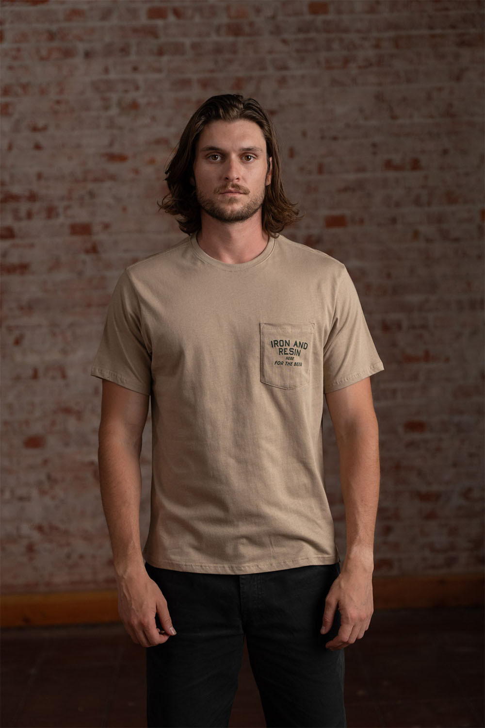 iron and resin here for the beer pkt tee tan front