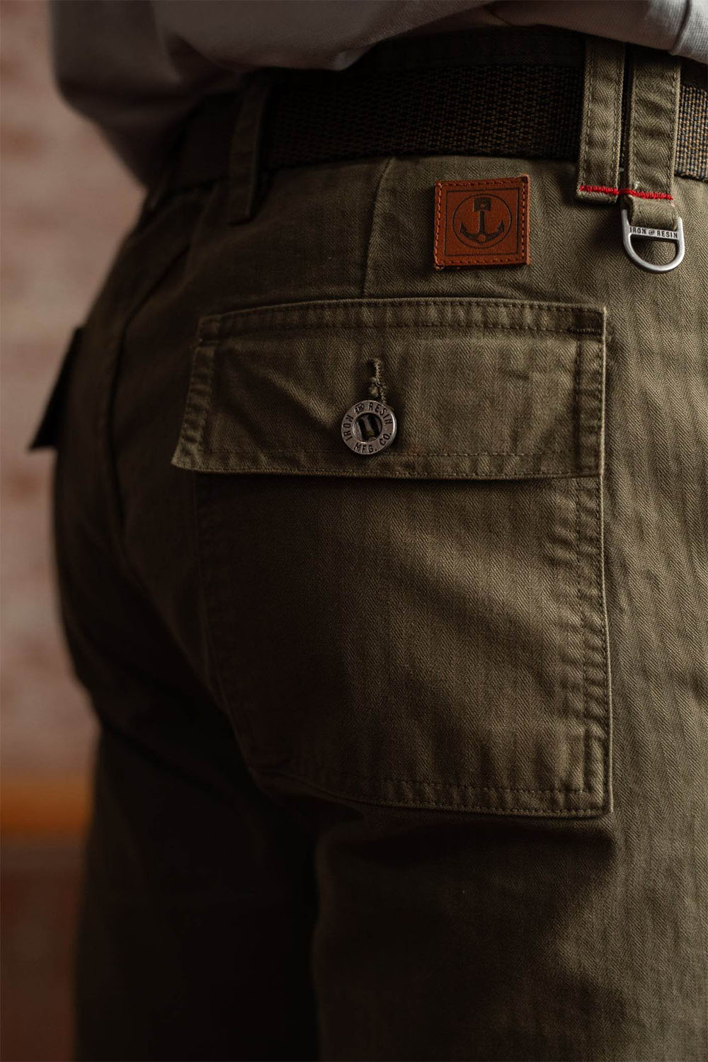 iron and resin herringbone brigade pant army back detail