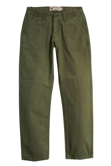 iron and resin herringbone brigade pant army flatlay