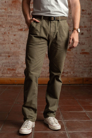 iron and resin herringbone brigade pant army front