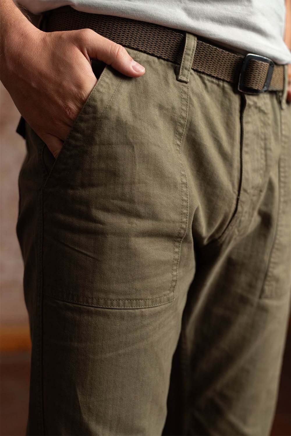 iron and resin herringbone brigade pant army front detail