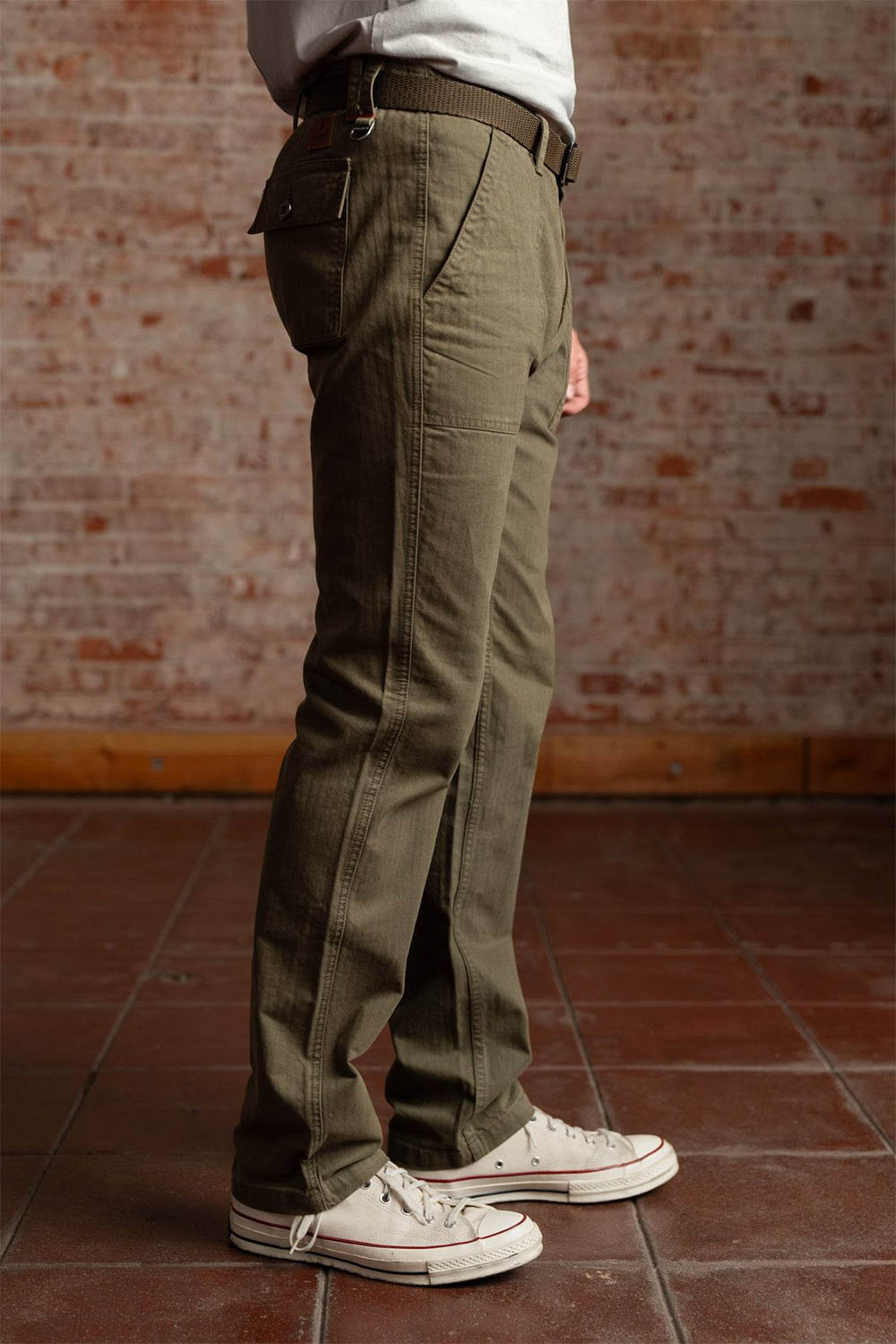 iron and resin herringbone brigade pant army side