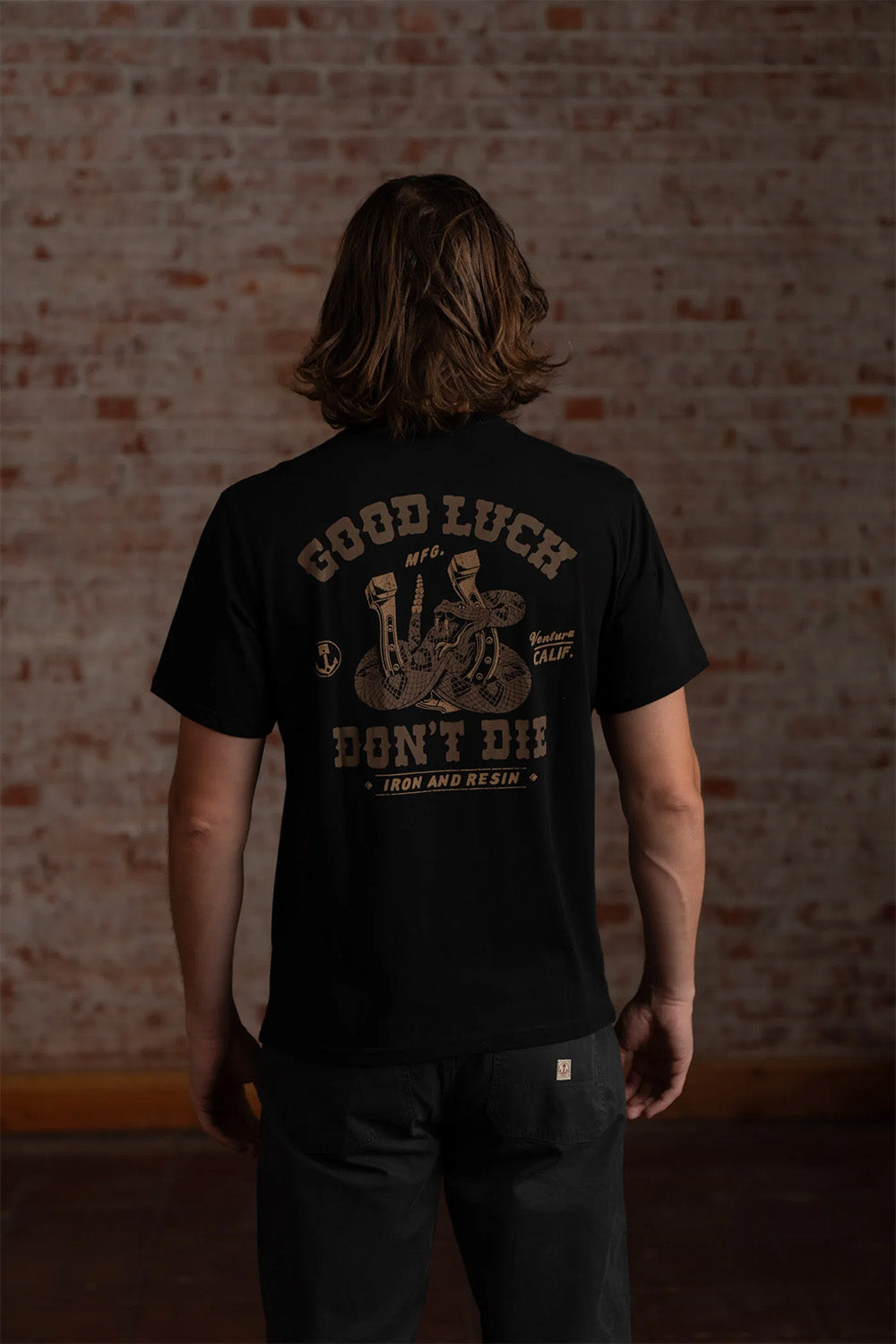 iron and resin lucky horseshoe tee black back