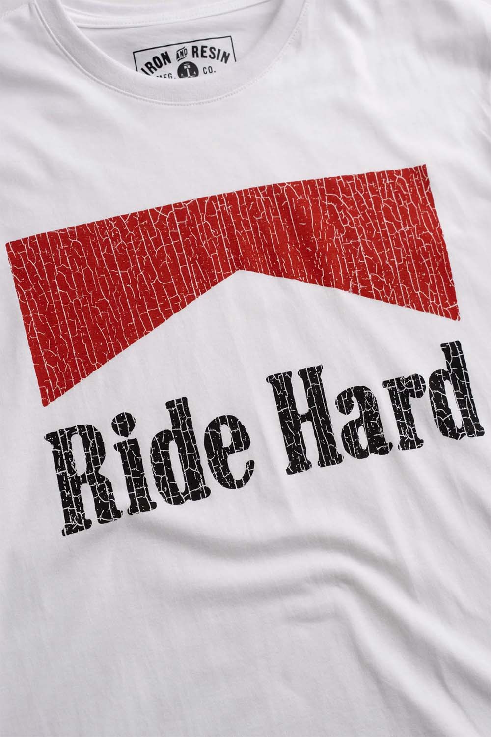 iron and resin ride hard tee white detail