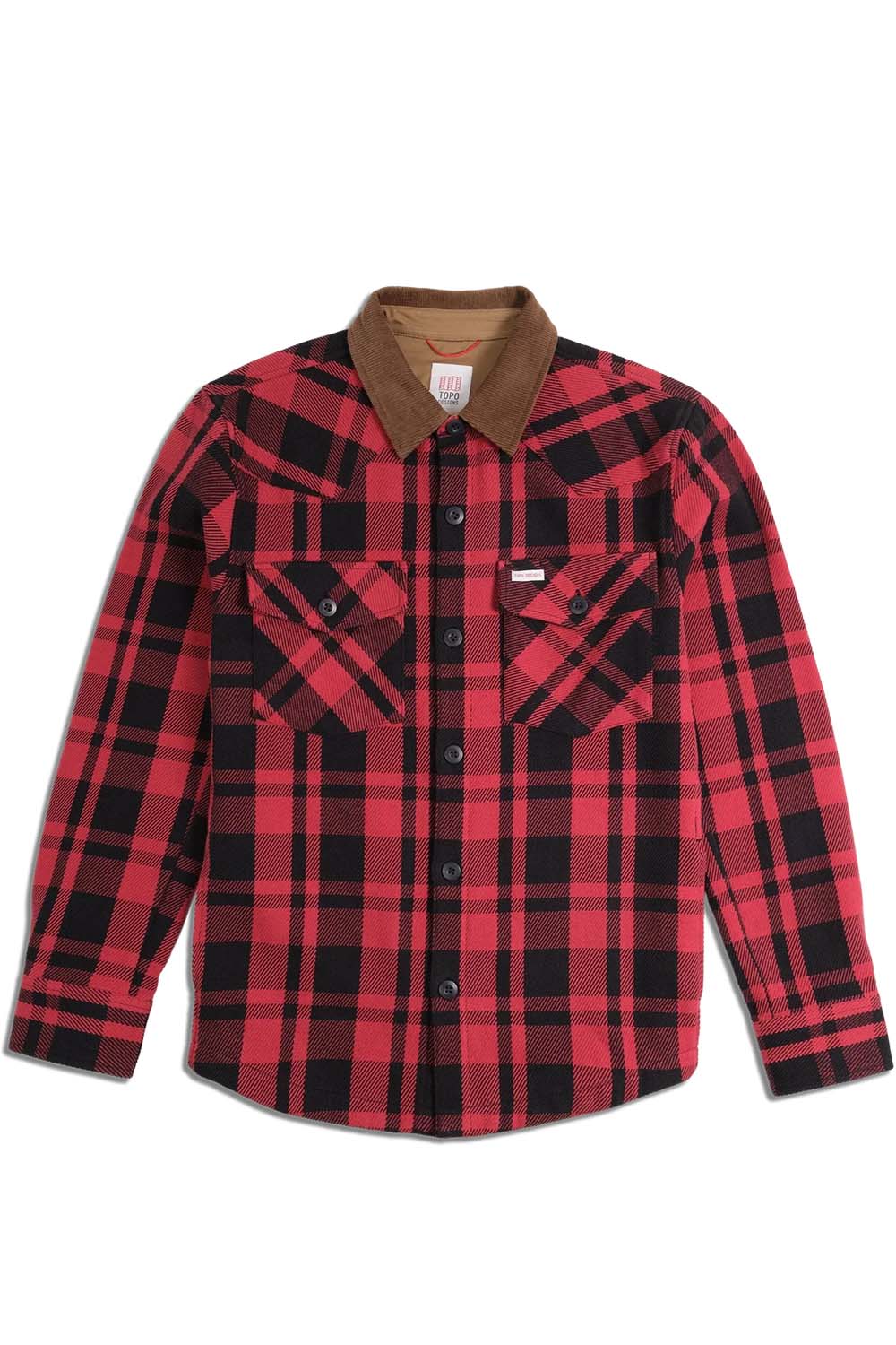 Topo Designs Mountain Shirt Jacket in Garnet/Black Multi — Flatlay view