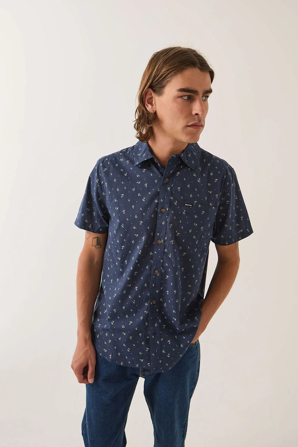 Brixton Charter Print Short Sleeve in Washed Navy Micro Floral — Front view