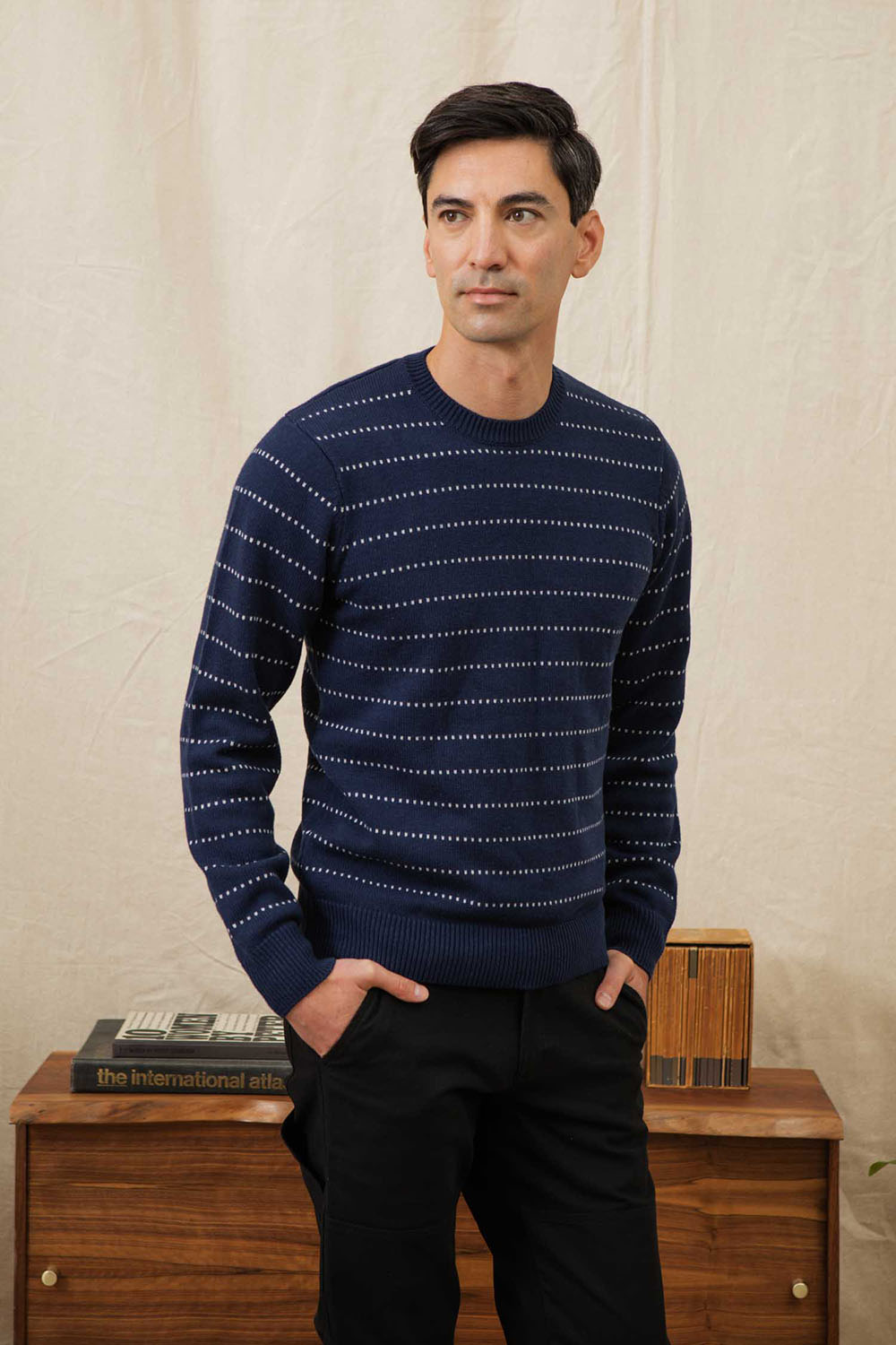 Bridge and Burn - Orson Sweater - Navy Dotted Path - Model Front