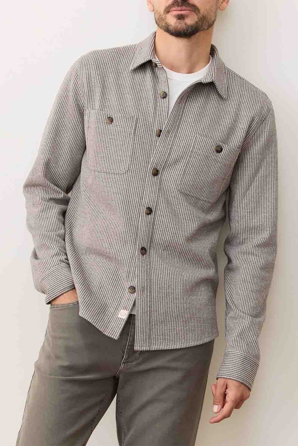 Marine Layer PACIFICA OVERSHIRT Grey Railroad Stripe Front