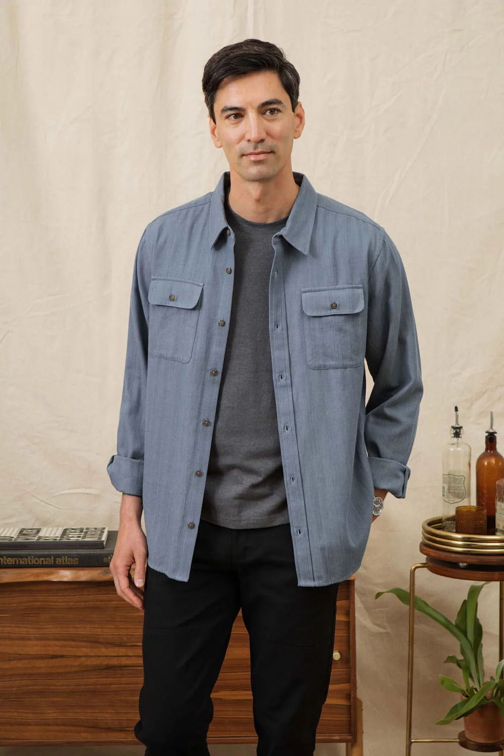 Bridge & Burn Bedford Shirt Denim Herringbone Front