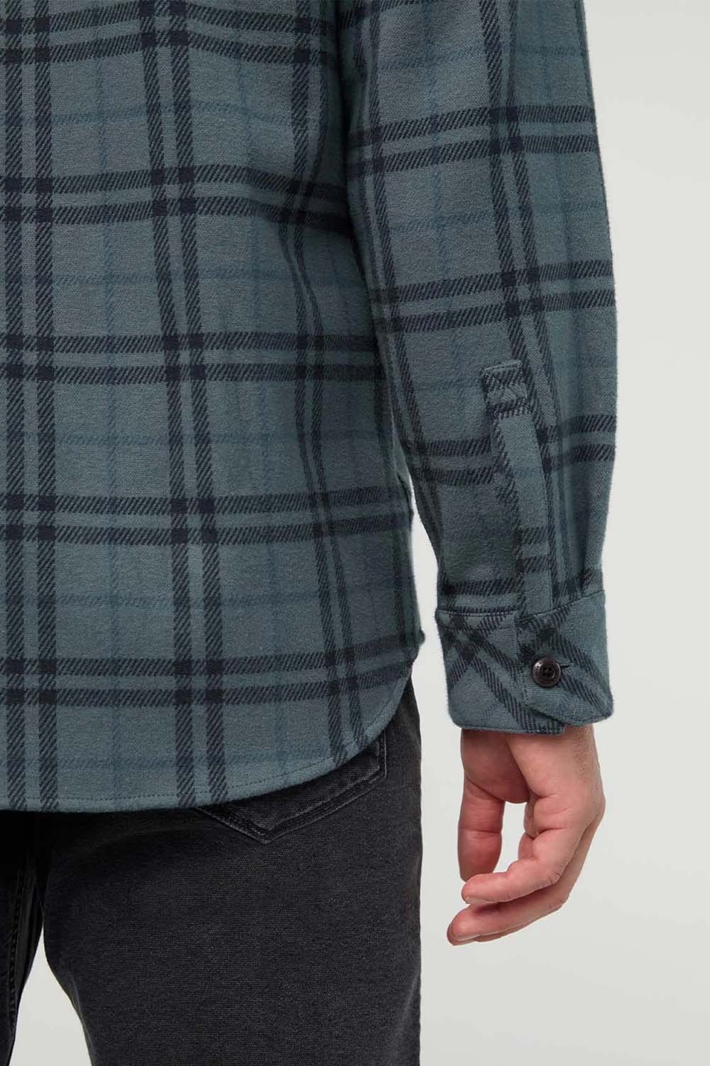 Duer Performance Flannel Overshirt in Marine Plaid — Detail-3 view