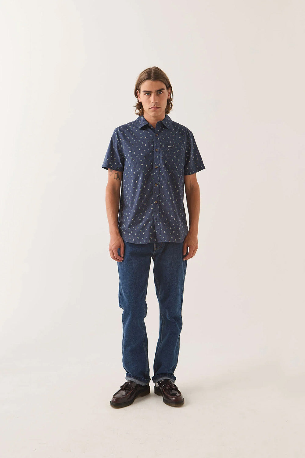 Brixton Charter Print Short Sleeve in Washed Navy Micro Floral — Full-body view