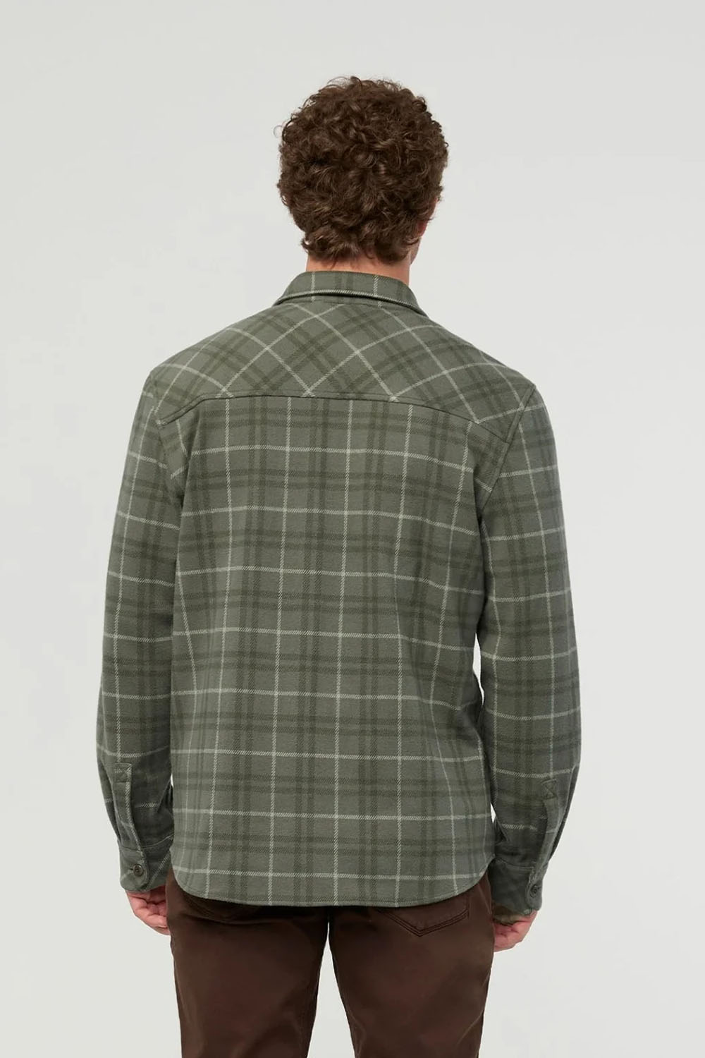 Duer Performance Flannel Overshirt in Thyme Plaid — Back view