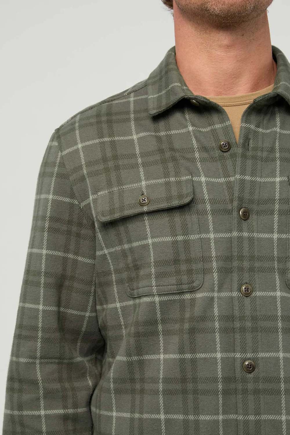 Duer Performance Flannel Overshirt in Thyme Plaid — Detail-1 view
