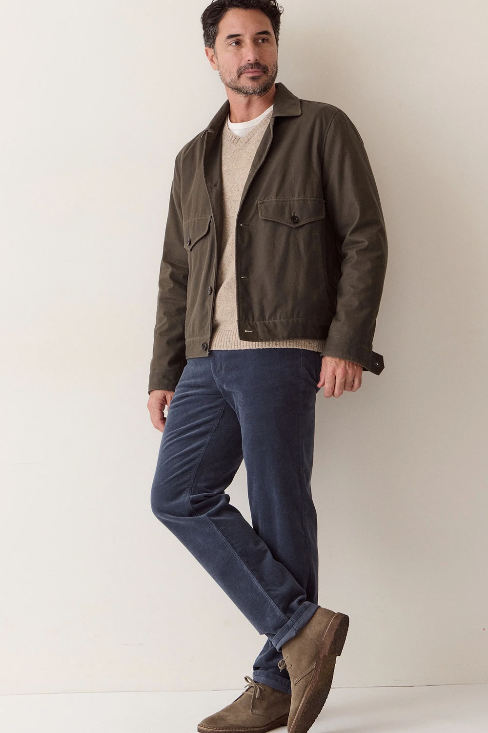 Marine Layer Waxed Trucker Jacket in Olive — Lifestyle view