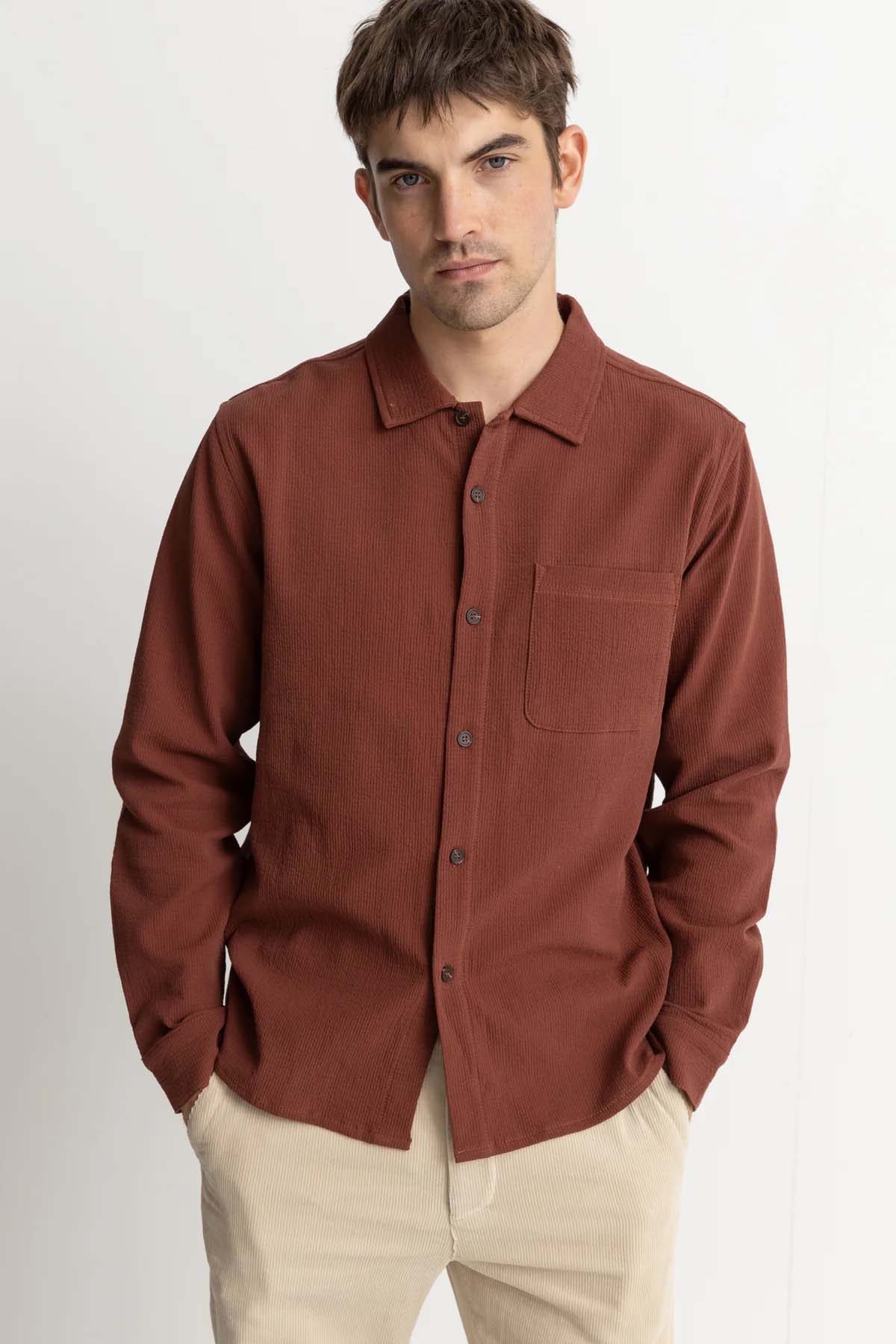 Rhythm - Textured Linen LS Shirt - Clay - Front
