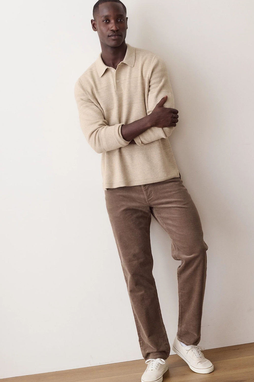 Marine Layer Rugby Sweater Polo in Driftwood — Lifestyle view