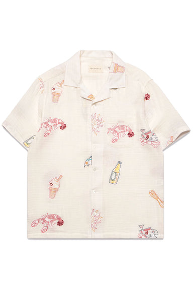 Far Afield - Stachio SS Shirt Menu Embroidery - Double Cloth/White