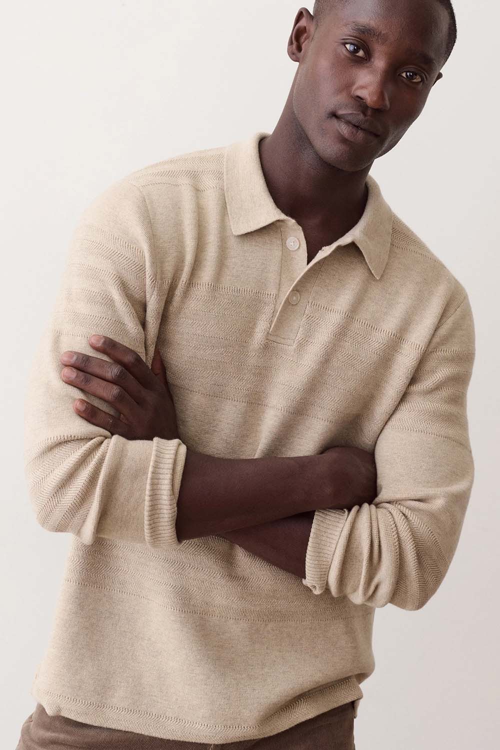 Marine Layer Rugby Sweater Polo in Driftwood — Front view