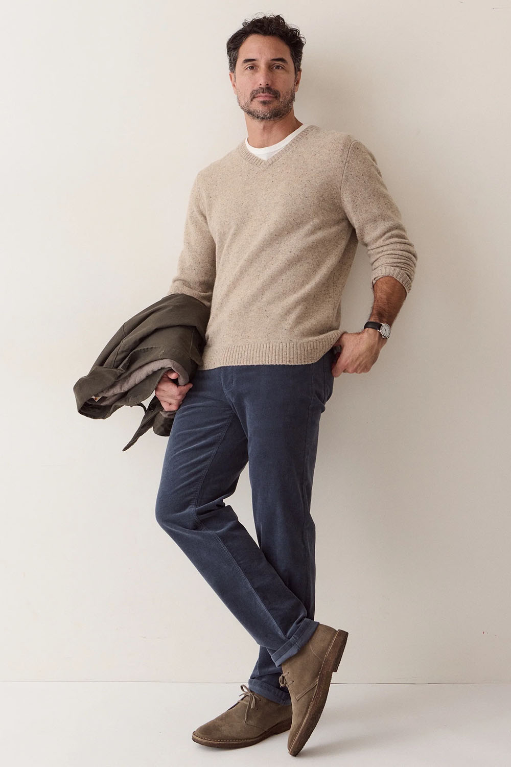 Marine Layer - Donegal V-Neck Sweater - Ryewater - Model Full Body