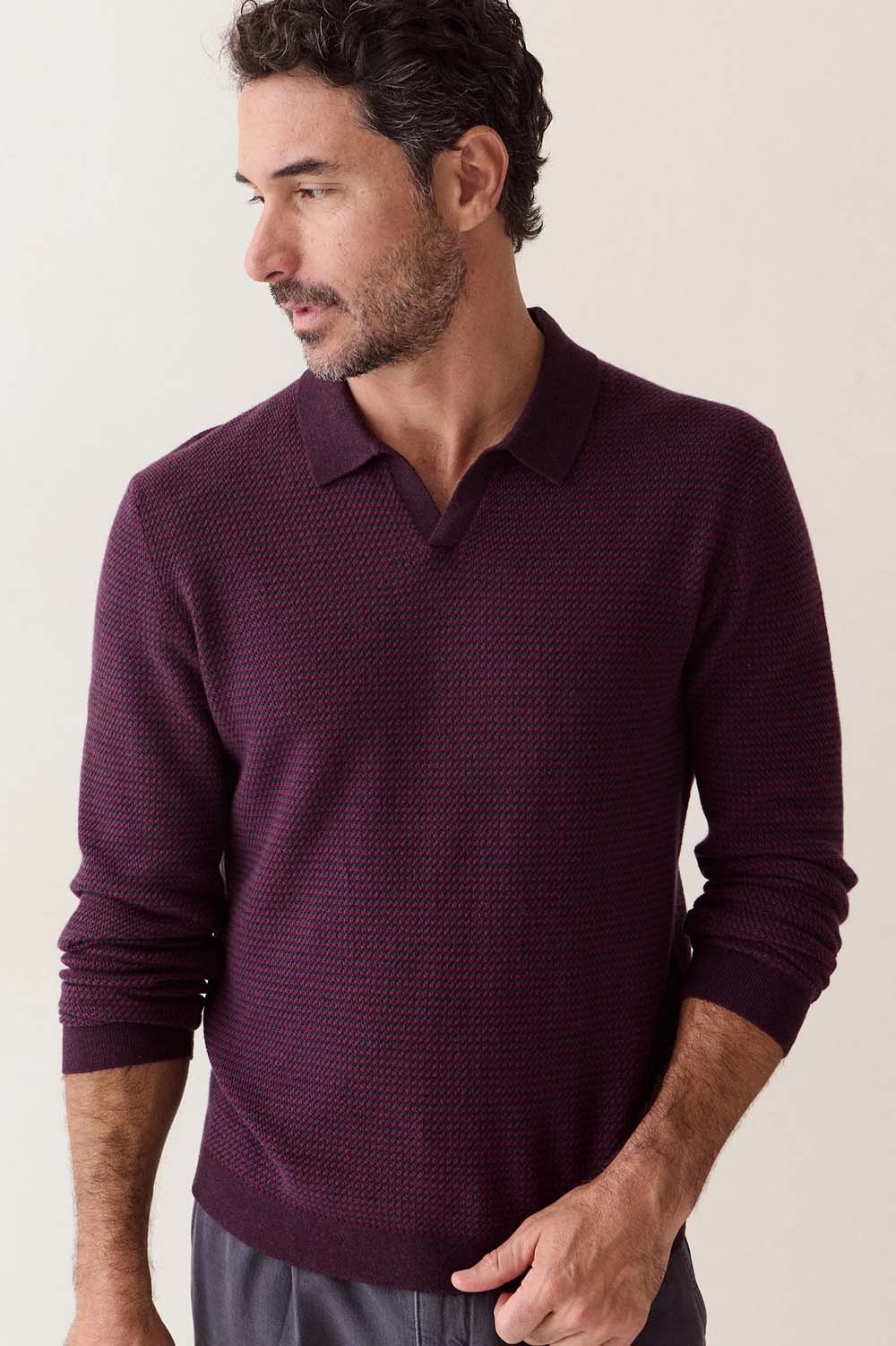 Marine Layer - Liam Sweater Polo - Burgundy - Model Front