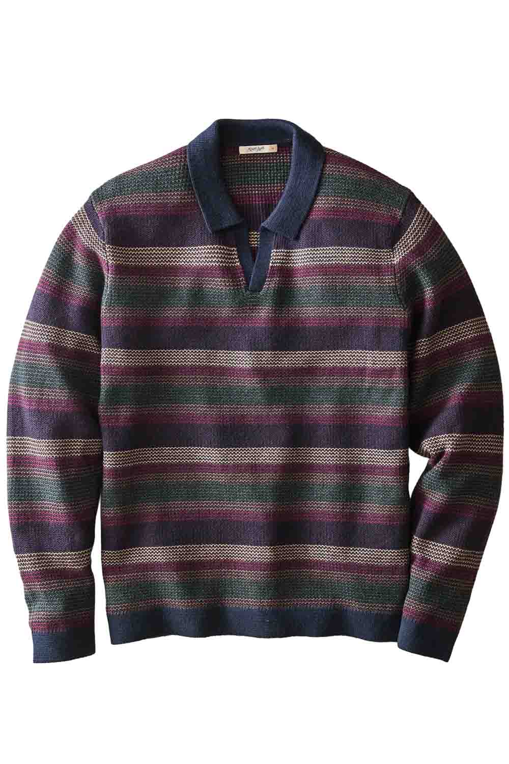 Marine Layer - Liam Sweater Polo - Burgundy Multi Stripe - Flatlay Front