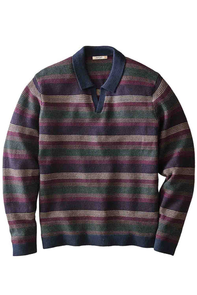 Marine Layer - Liam Sweater Polo - Burgundy Multi Stripe - Flatlay Front