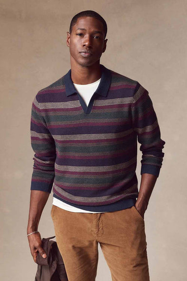 Marine Layer - Liam Sweater Polo - Burgundy Multi Stripe - Model Front