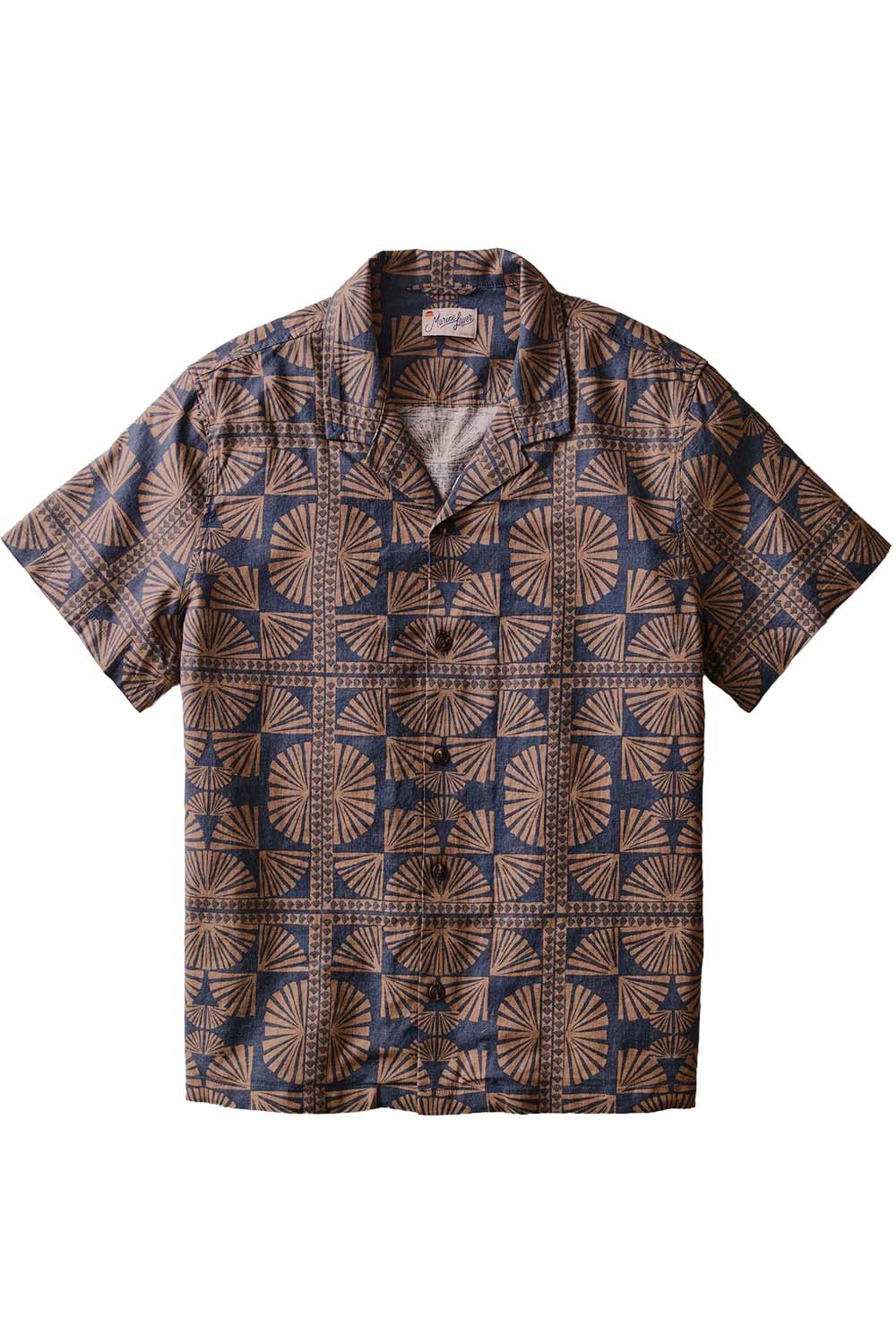 marine-layer-pablo-resort-shirt-brown-navy-geo-fan-print-flatlay