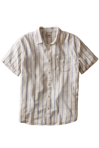 marine layer stretch selvage shirt in natural navy stripe flatlay view