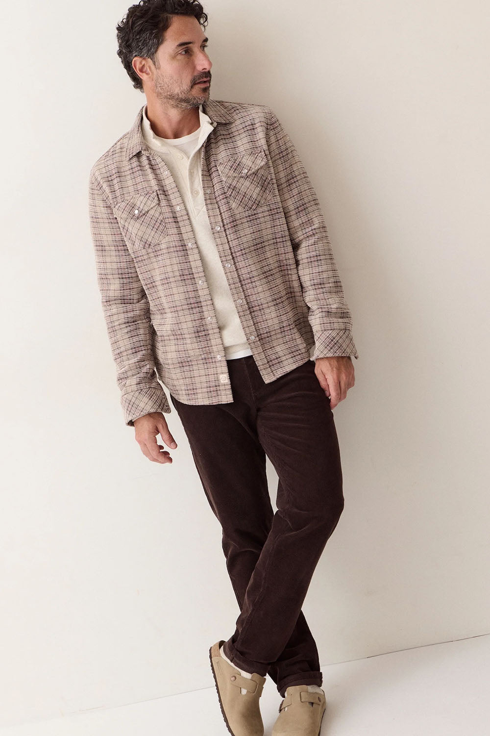 Marine Layer - The Clark Cord Shirt - Brown Plaid - Model Full Body
