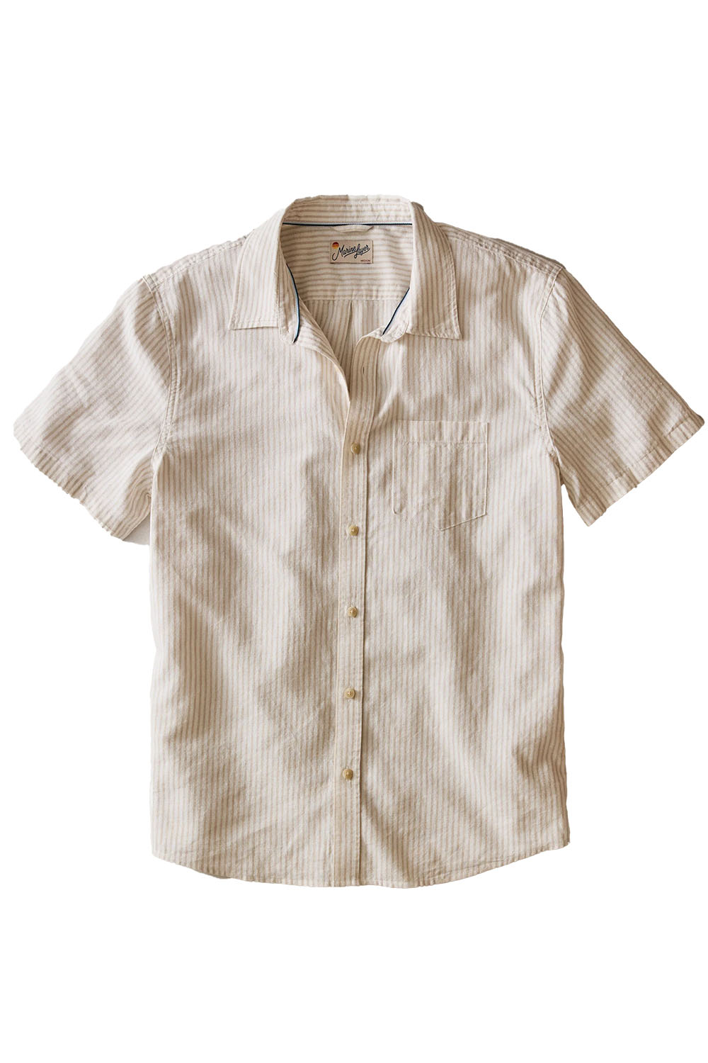 marine layer better than linen shirt tan white stripe flatlay