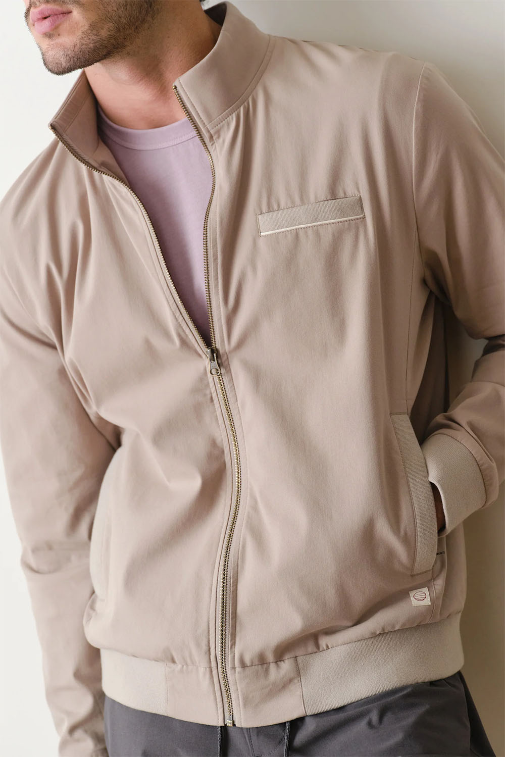 marine layer breeze stretch bomber jacket vintage khaki profile