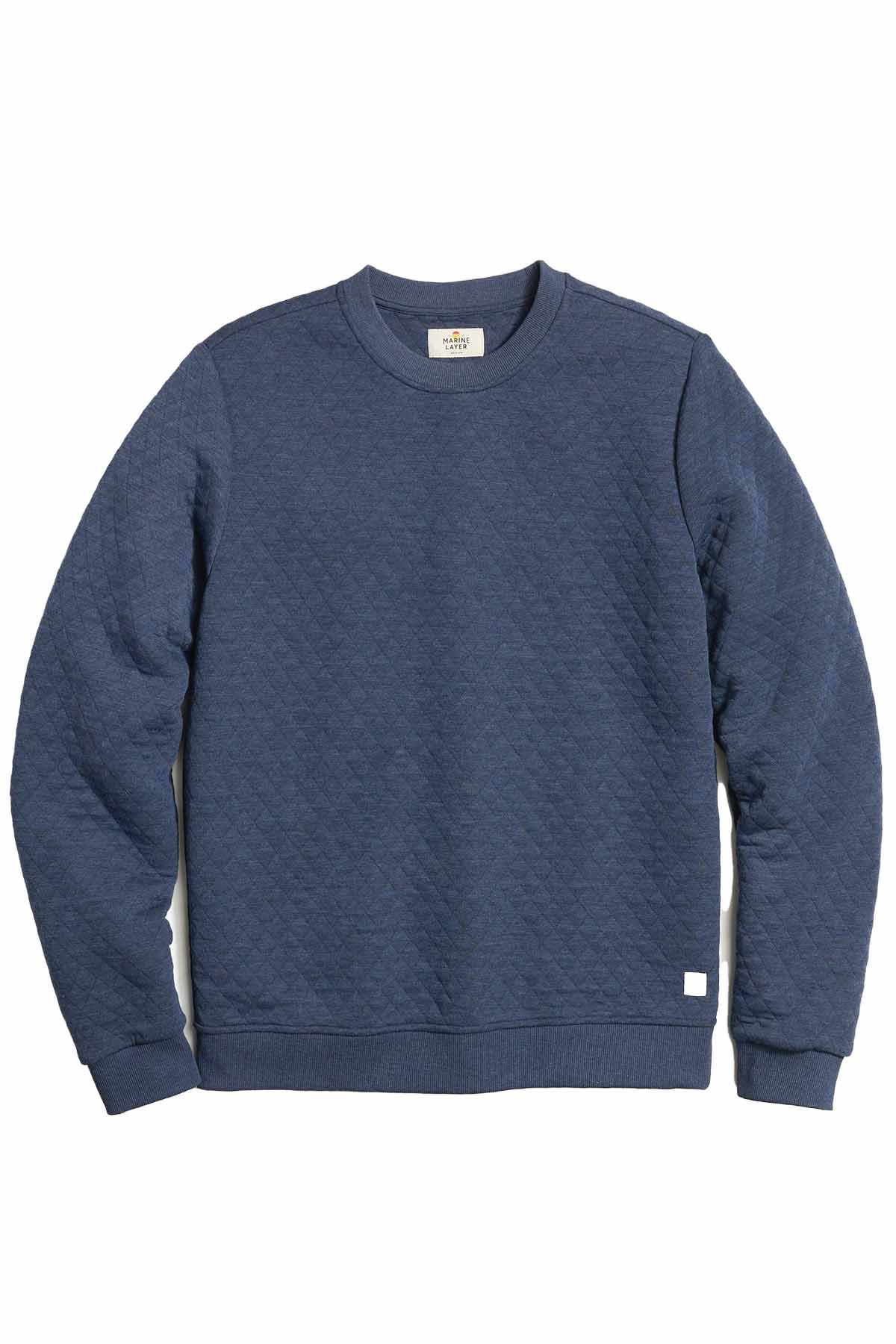 marine layer corbet quilted crewneck navy heather flatlay