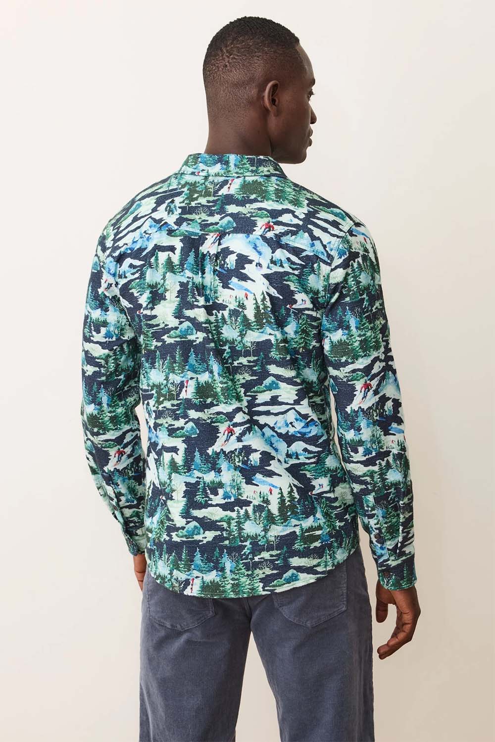 marine layer fresh tracks selvage shirt navy ski print back