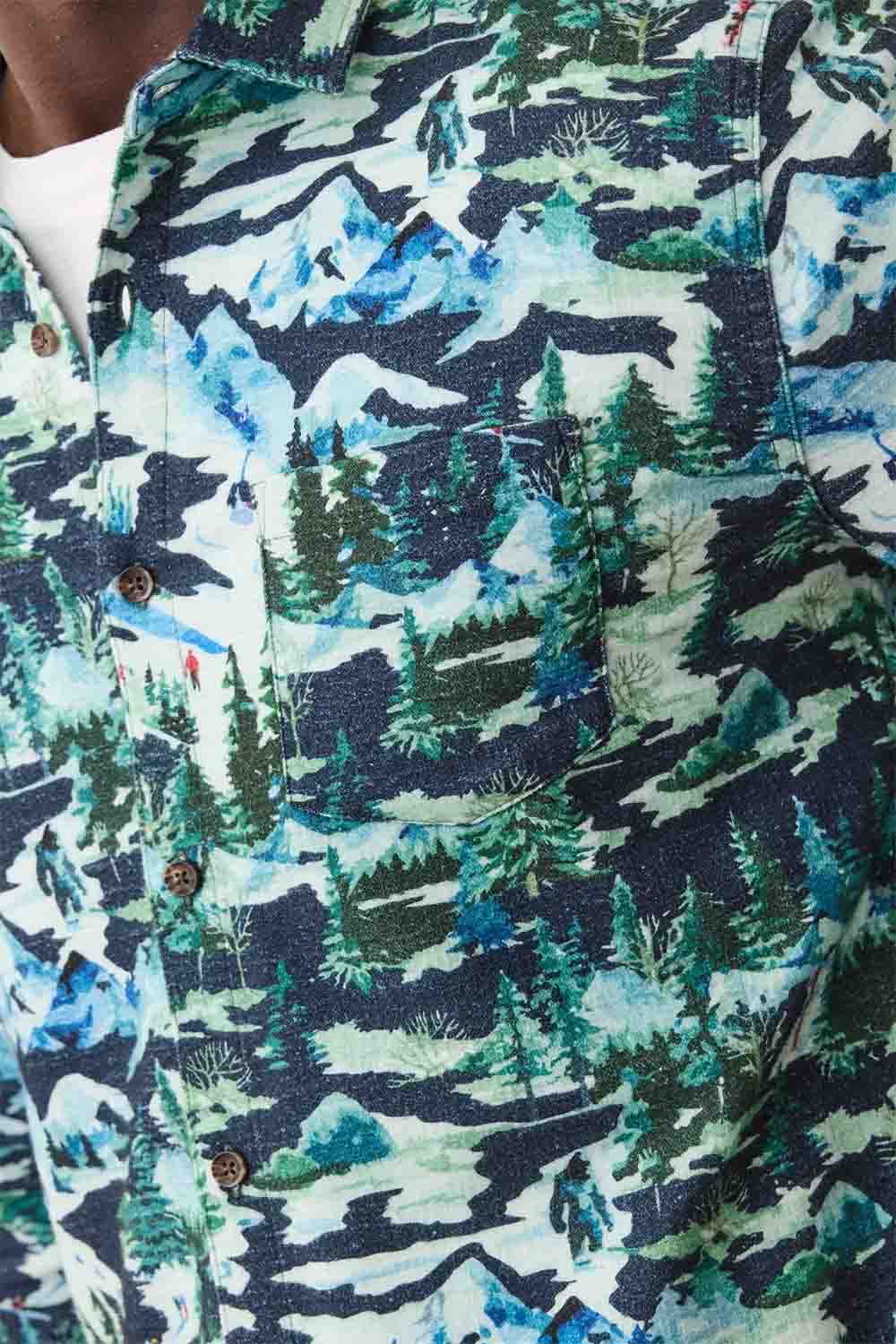 marine layer fresh tracks selvage shirt navy ski print detail