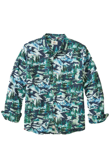 marine layer fresh tracks selvage shirt navy ski print flatlay