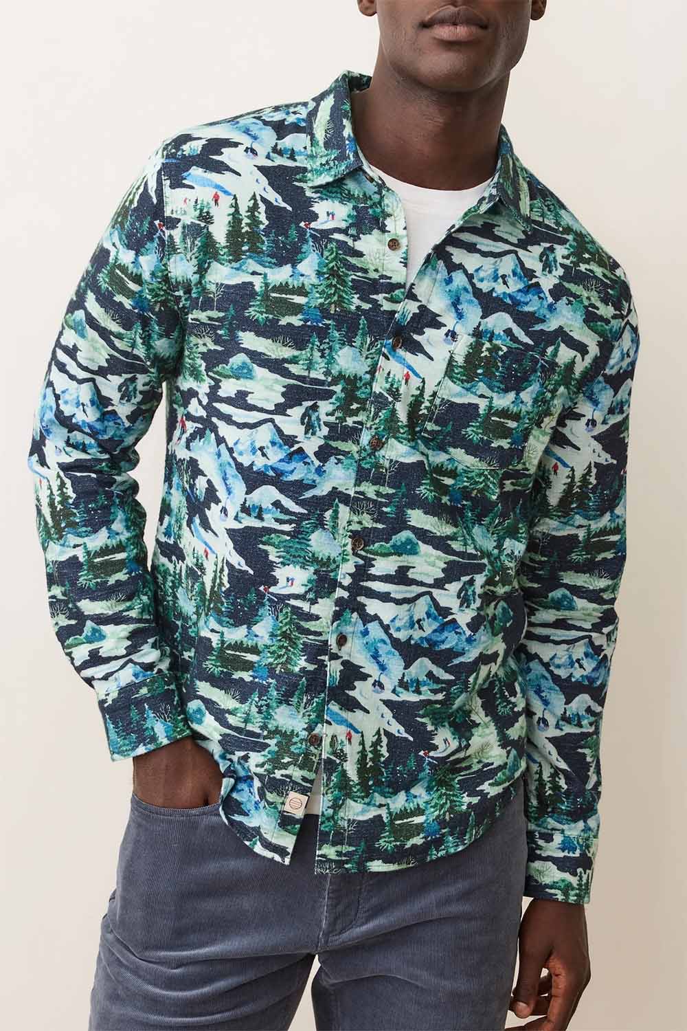 marine layer fresh tracks selvage shirt navy ski print front