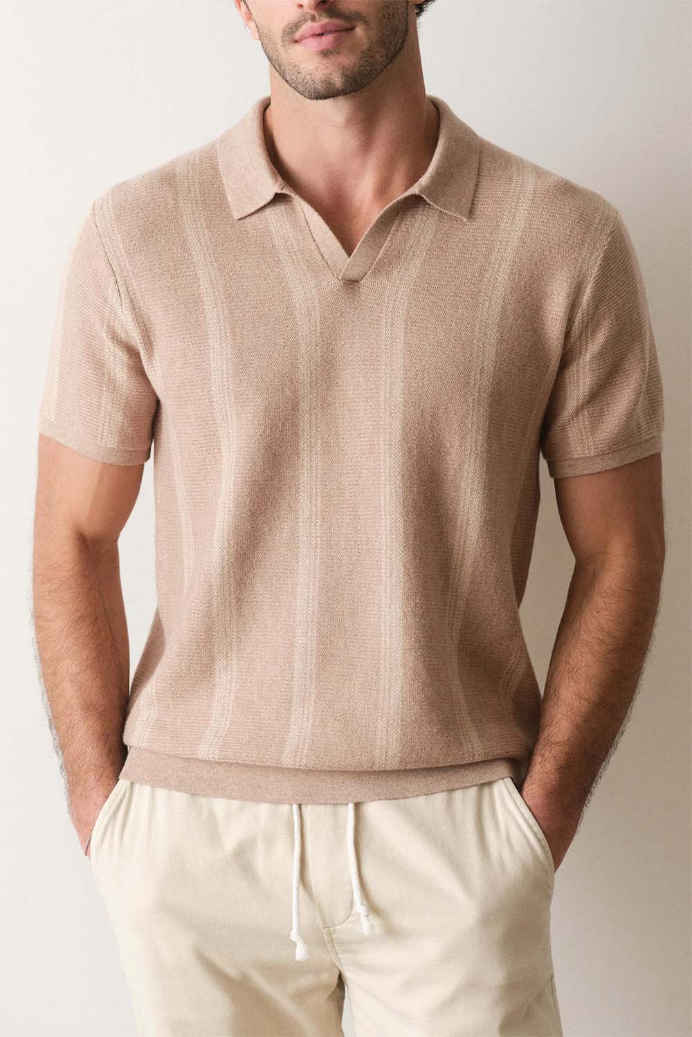 marine layer liam sweater polo driftwood stripe front