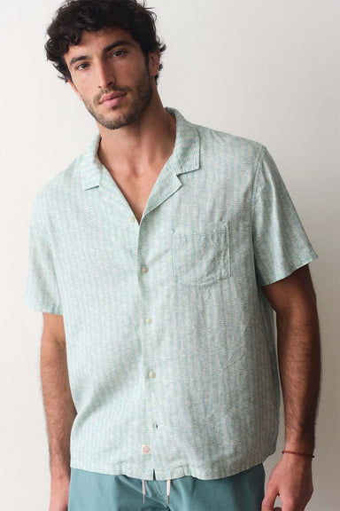 marine layer pablo resort shirt aqua sardine print model