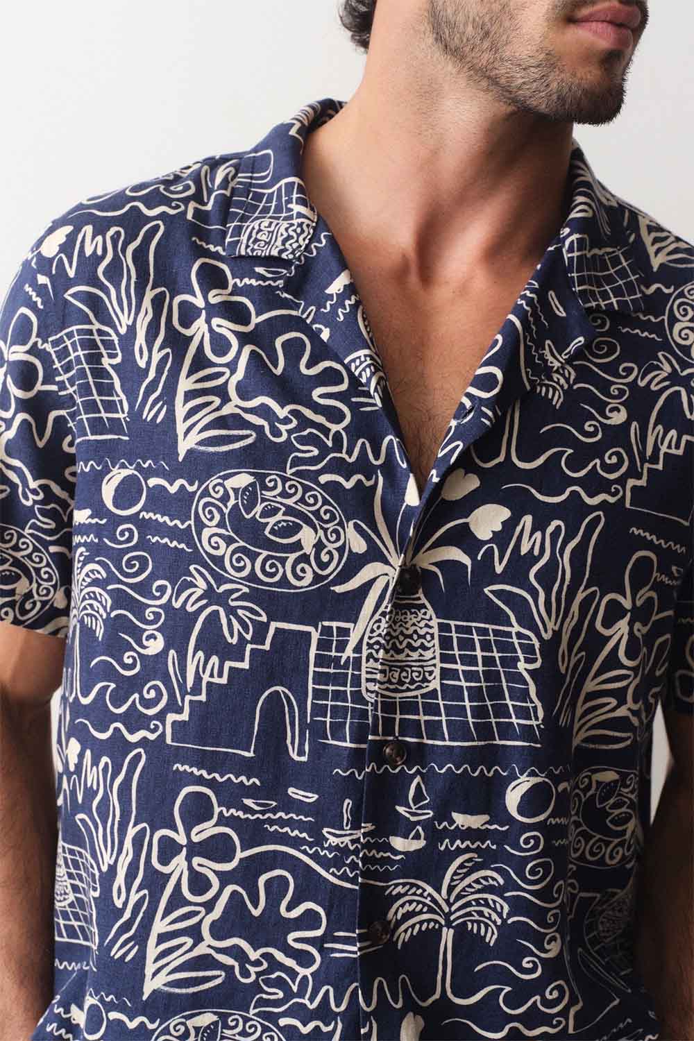 marine layer pablo resort shirt navy white island motif detail