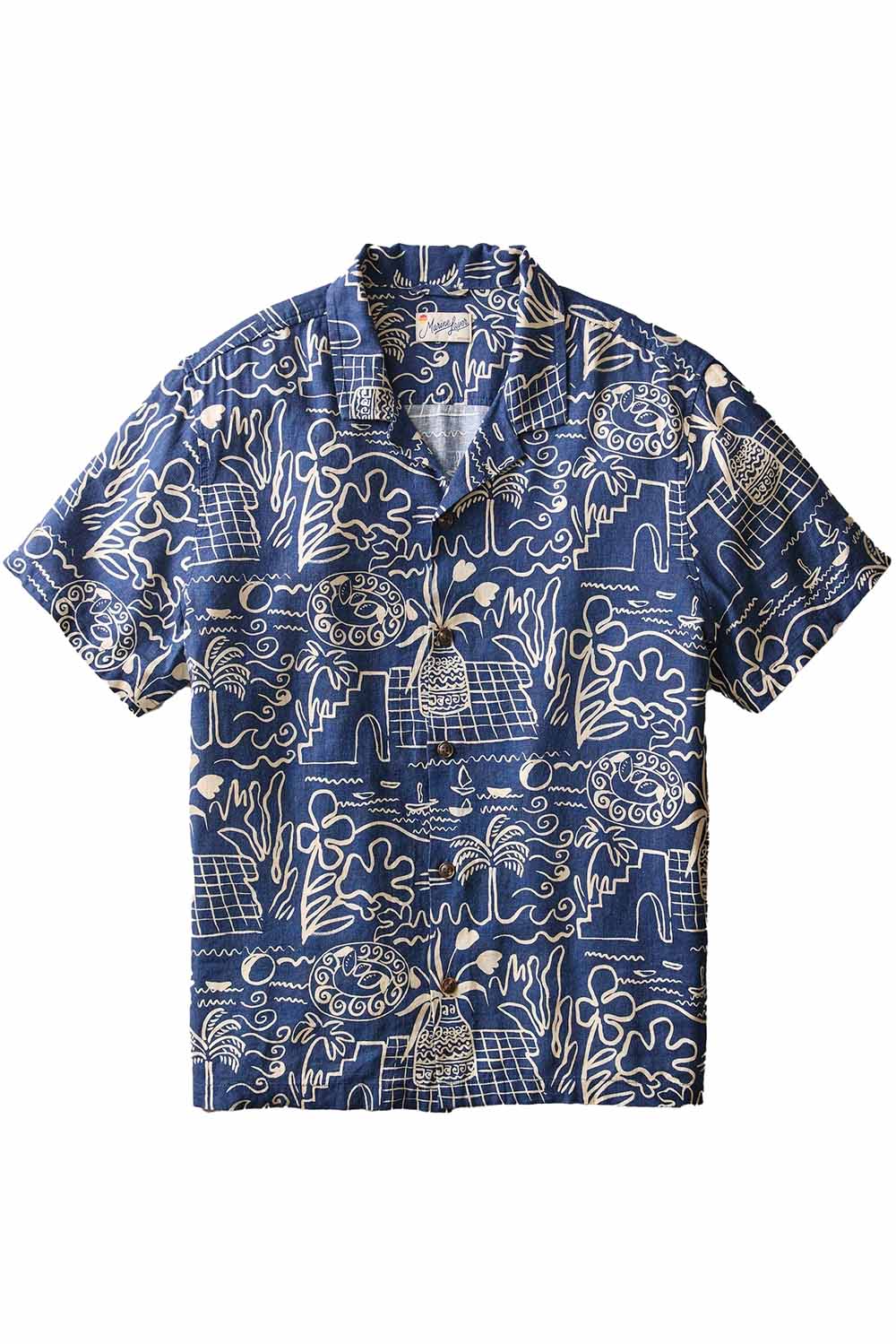 marine layer pablo resort shirt navy white island motif flatlay