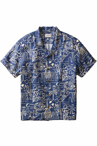 marine layer pablo resort shirt navy white island motif flatlay