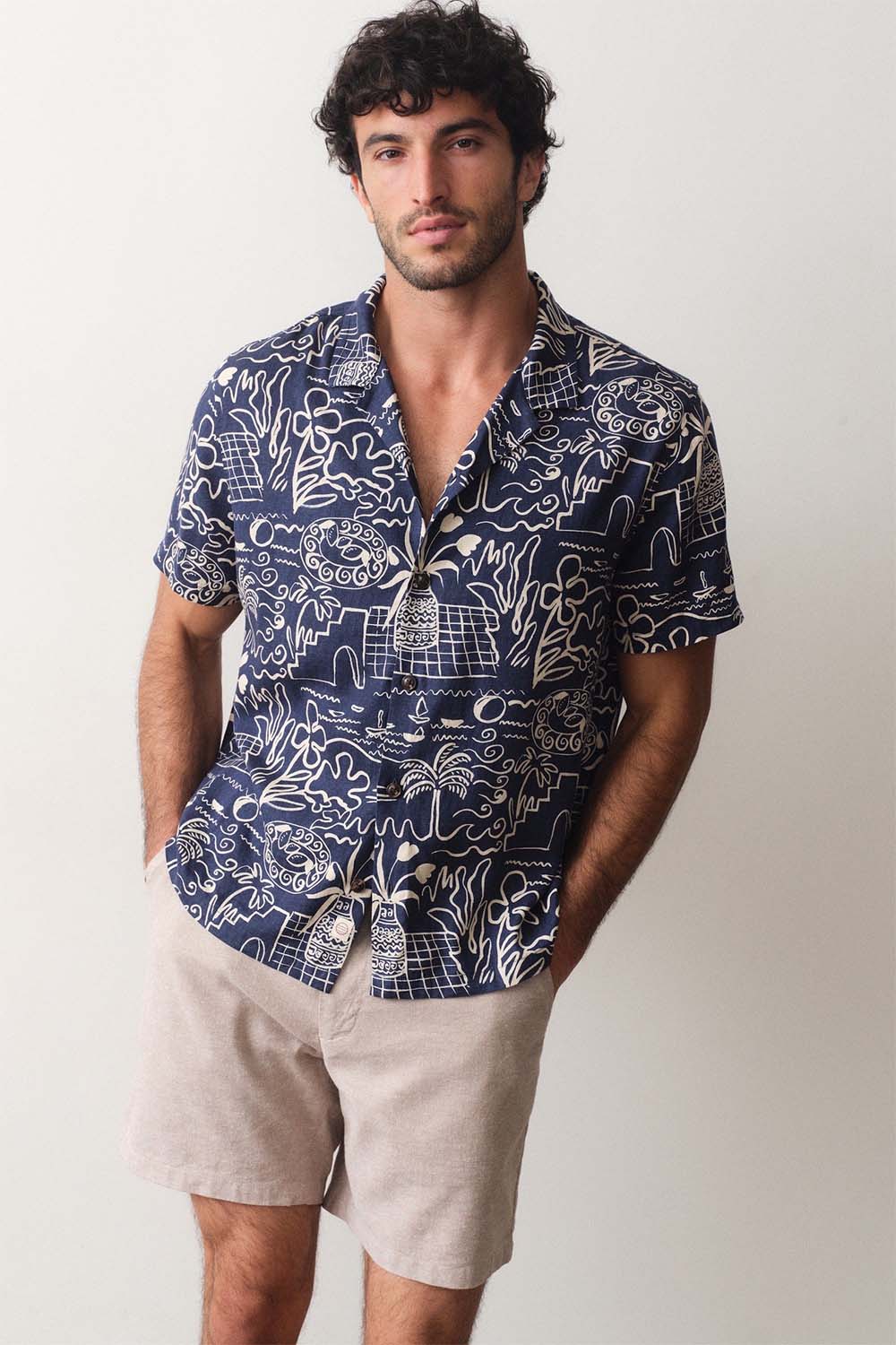 marine layer pablo resort shirt navy white island motif front