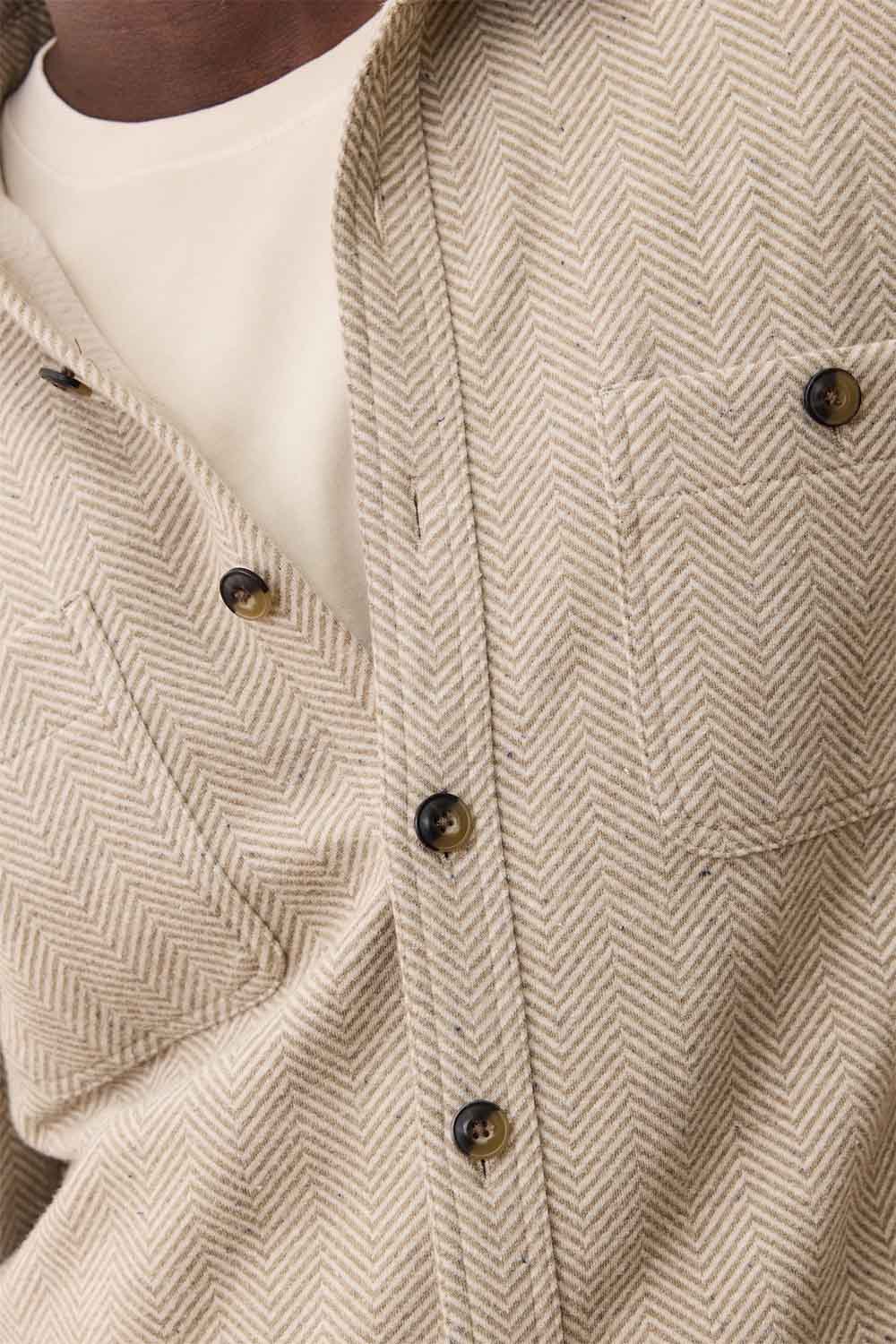 marine layer pacifica overshirt taupe herringbone detail